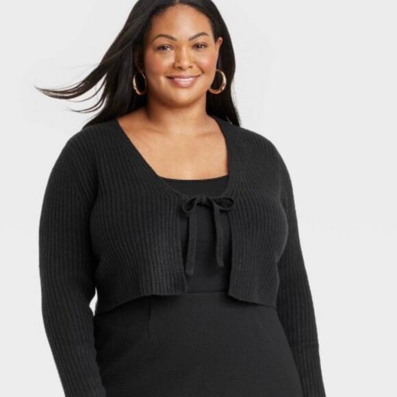 AVA & VIV Cashmere-Soft Tie Crop Sweater SZ 2X NEW Black Ribbed Shrug Cardigan - Picture 1 of 10